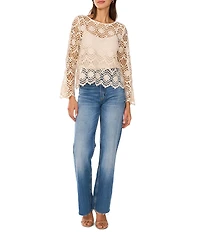 Vince Camuto Open Weave Floral Lace Boat Neck Long Sleeve Blouse