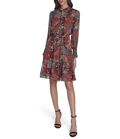 Vince Camuto Paisley Print Crew Neck Long Sleeve Button Front Dress
