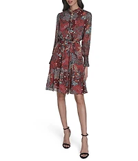 Vince Camuto Paisley Print Crew Neck Long Sleeve Button Front Dress