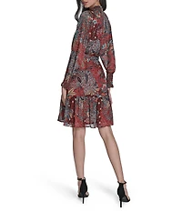 Vince Camuto Paisley Print Crew Neck Long Sleeve Button Front Dress