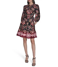 Vince Camuto Paisley Print V-Neck Long Sleeve Tie A-Line Dress
