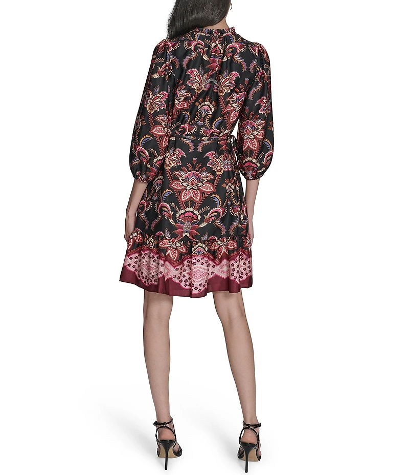 Vince Camuto Paisley Print V-Neck Long Sleeve Tie A-Line Dress
