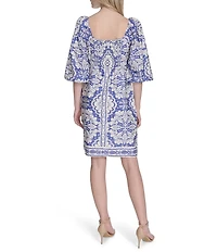 Vince Camuto Placement Print Square Neck 3/4 Sleeve Tie Front Shift Dress