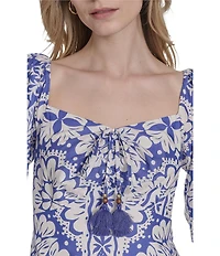 Vince Camuto Placement Print Square Neck 3/4 Sleeve Tie Front Shift Dress