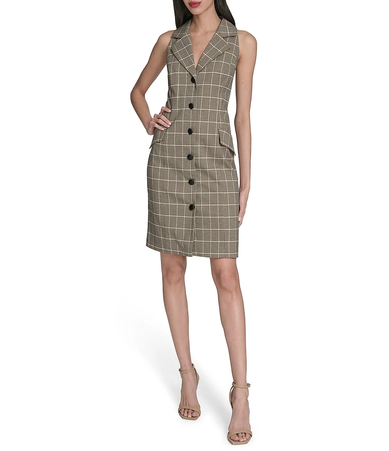 Vince Camuto Plaid Print V-Neck Sleeveless Shift Dress