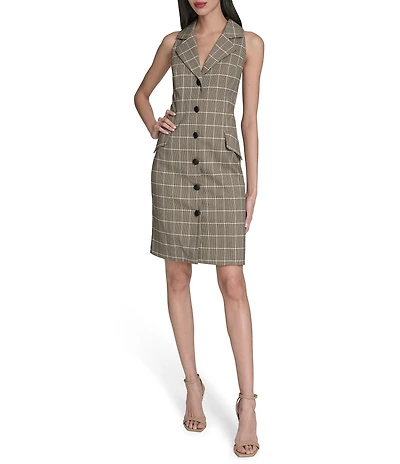 Vince Camuto Plaid Print V-Neck Sleeveless Shift Dress