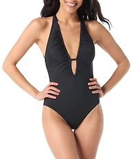 Vince Camuto Plunge Halter Neck Open Back Shirred Full Coverage One-Piece Swimsuit