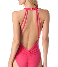 Vince Camuto Plunge Halter Neck Open Back Shirred Full Coverage One-Piece Swimsuit
