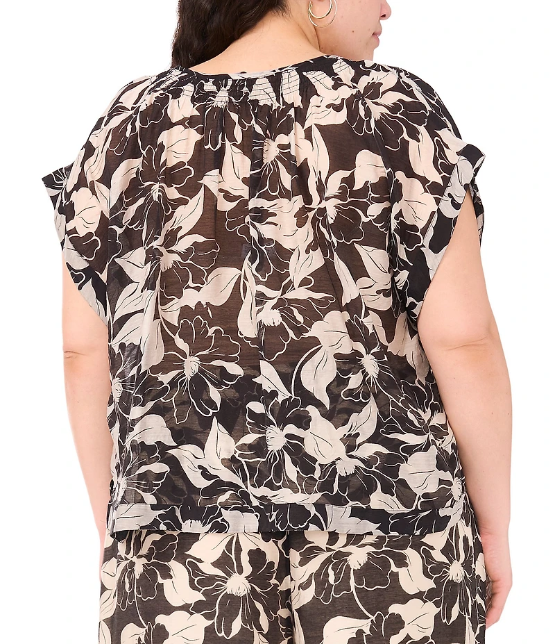 Vince Camuto Plus Flutter Sleeve Tie Front Split Round Neckline Printed Blouse