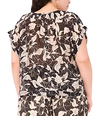 Vince Camuto Plus Flutter Sleeve Tie Front Split Round Neckline Printed Blouse