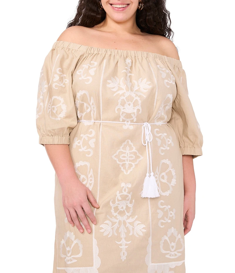 Vince Camuto Plus Off-The-Shoulder 3/4 Sleeve Belted Shift Midi Dress