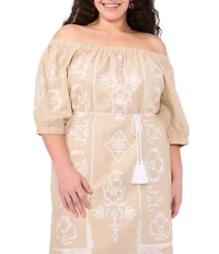 Vince Camuto Plus Off-The-Shoulder 3/4 Sleeve Belted Shift Midi Dress