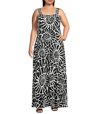 Vince Camuto Plus Size Abstract Printed Woven Square Neck Sleeveless Tiered Maxi Shift Dress