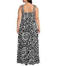 Vince Camuto Plus Size Abstract Printed Woven Square Neck Sleeveless Tiered Maxi Shift Dress