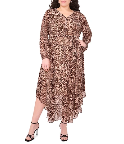 Vince Camuto Plus Size Animal Print Woven V-Neck Long Sleeve Maxi Dress