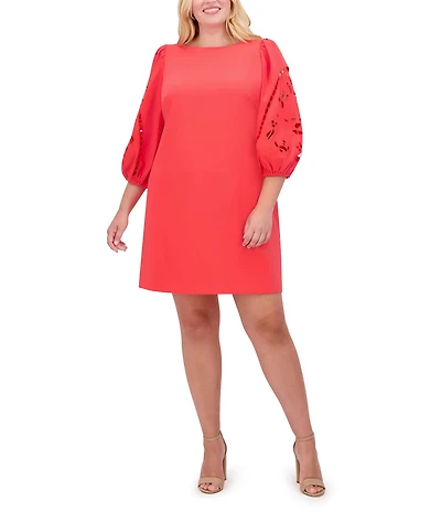 Vince Camuto Plus Size Boat Neck 3/4 Laser-Cut Puff Sleeve Shift Dress