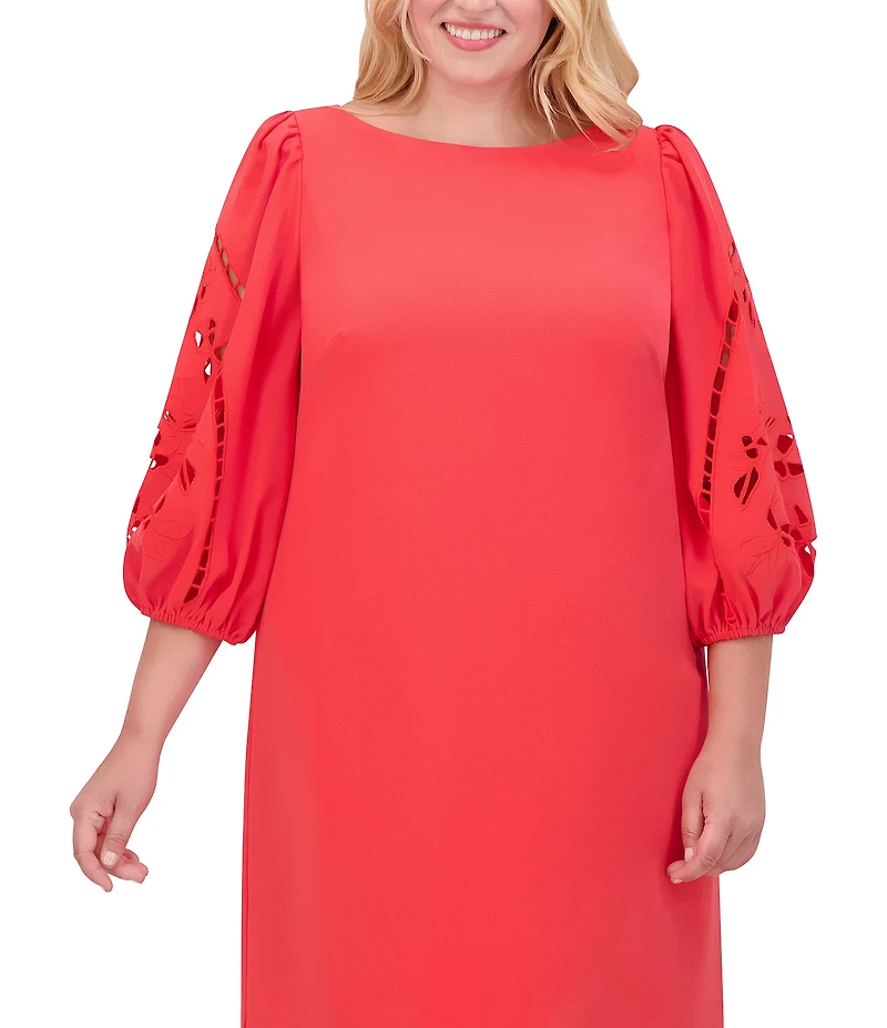 Vince Camuto Plus Size Boat Neck 3/4 Laser-Cut Puff Sleeve Shift Dress