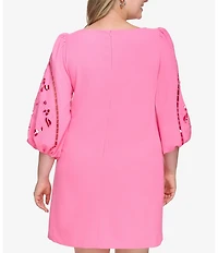 Vince Camuto Plus Size Boat Neck 3/4 Laser-Cut Puff Sleeve Shift Dress