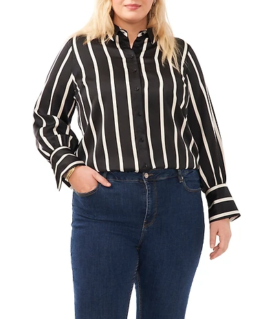 Vince Camuto Plus Size Charmeuse Striped Point Collar Long Sleeve Button Down Shirt
