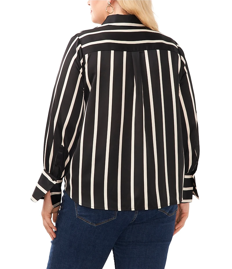 Vince Camuto Plus Size Charmeuse Striped Point Collar Long Sleeve Button Down Shirt