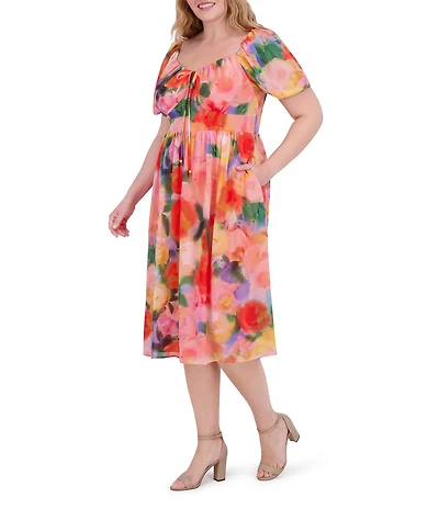 Vince Camuto Plus Size Chiffon Floral Print V-Neck Short Sleeve A-Line Midi Dress