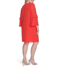 Vince Camuto Plus Size Chiffon Keyhole Tie Round Neck 3/4 Pleated 3/4 Sleeve Shift Dress
