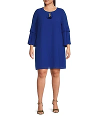 Vince Camuto Plus Size Chiffon Keyhole Tie Round Neck 3/4 Pleated 3/4 Sleeve Shift Dress