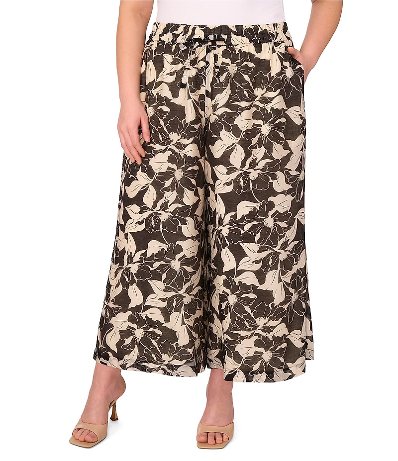 Vince Camuto Plus Size Coordinating Floral Print Drawstring Wide Leg Pants