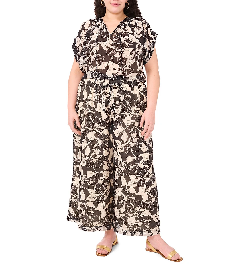 Vince Camuto Plus Size Coordinating Floral Print Drawstring Wide Leg Pants