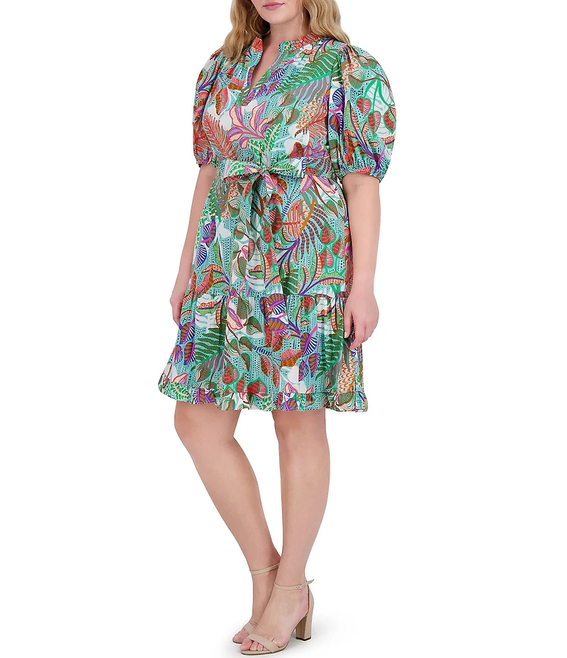 Vince Camuto Plus Size Floral Print V-Neck Short Puff Sleeve Printed Tie Waist Dress