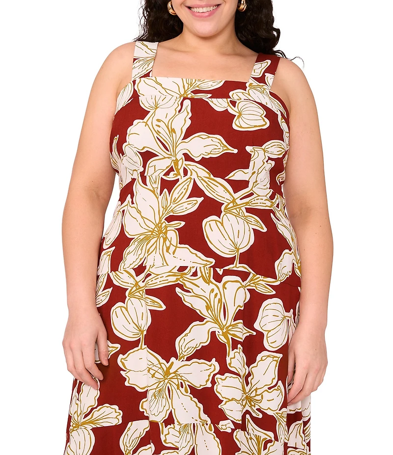 Vince Camuto Plus Size Floral Printed Woven Square Neck Sleeveless Shift Maxi Dress