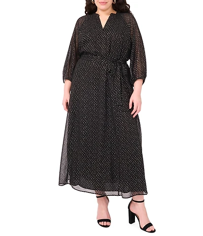 Vince Camuto Plus Size Lurex Dotted Mesh V-Neck Long Sleeve Maxi Dress