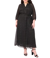 Vince Camuto Plus Size Lurex Dotted Mesh V-Neck Long Sleeve Maxi Dress