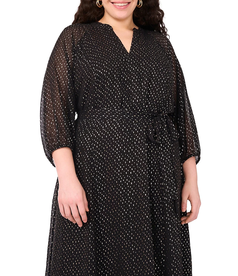 Vince Camuto Plus Size Lurex Dotted Mesh V-Neck Long Sleeve Maxi Dress