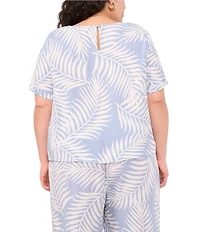 Vince Camuto Plus Size Tropical Palm Print Woven Crew Neck Short Sleeve Blouse