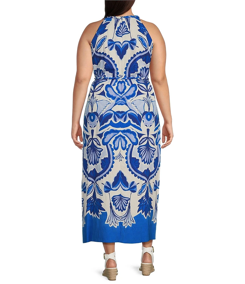 Vince Camuto Plus Size Printed Halter Neck Sleeveless Belted Maxi A-Line Dress