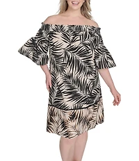 Vince Camuto Plus Size Leaf Printed Poplin Off-The-Shoulder Short Sleeve Shift Dress