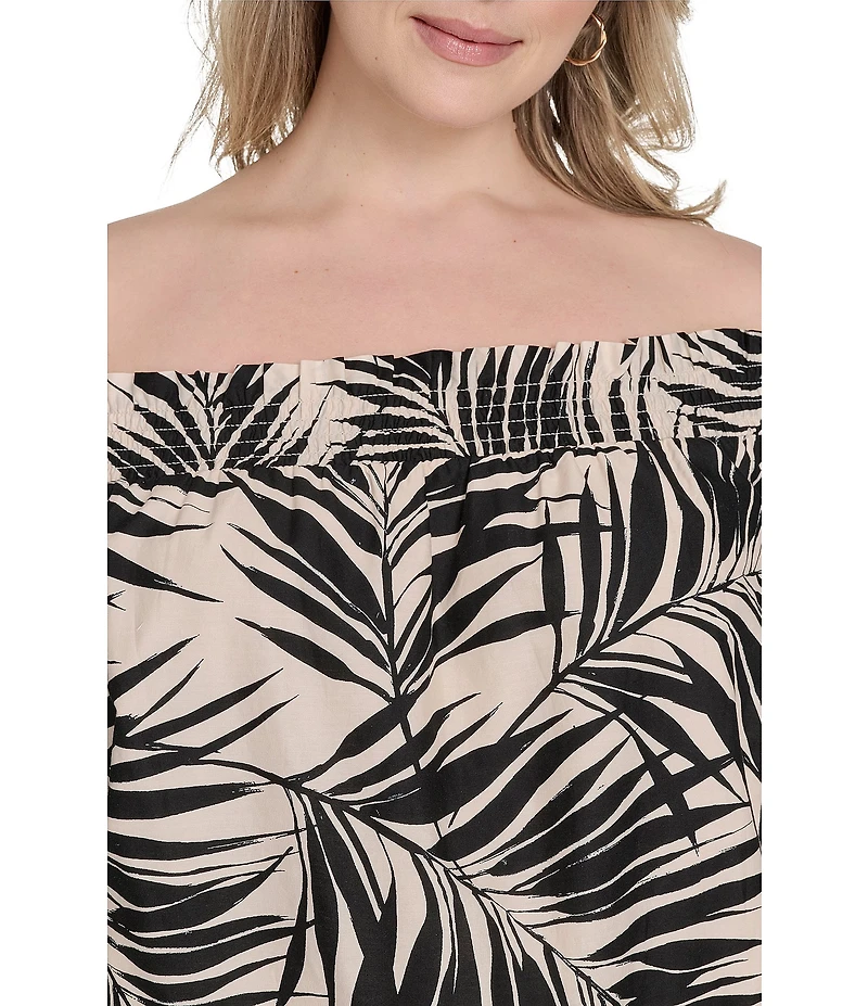 Vince Camuto Plus Size Leaf Printed Poplin Off-The-Shoulder Short Sleeve Shift Dress