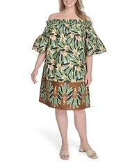 Vince Camuto Plus Size Printed Poplin Off-The-Shoulder Short Sleeve Shift Dress