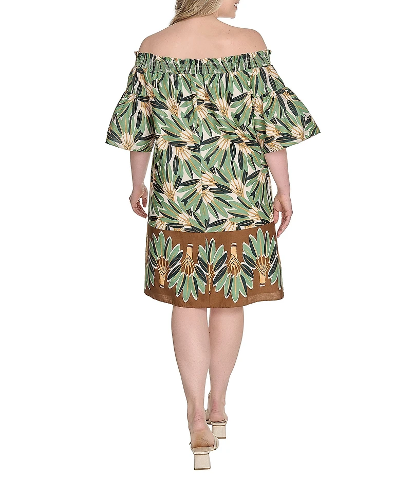 Vince Camuto Plus Size Printed Poplin Off-The-Shoulder Short Sleeve Shift Dress