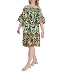 Vince Camuto Plus Size Printed Poplin Off-The-Shoulder Short Sleeve Shift Dress