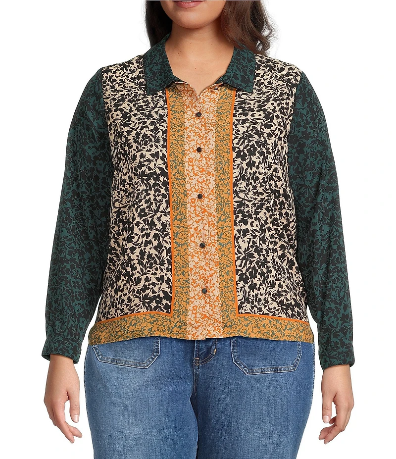 Vince Camuto Plus Size Printed Woven Long Sleeve Border Button Front Shirt