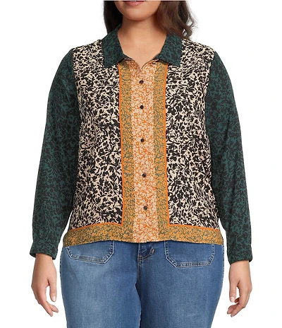 Vince Camuto Plus Size Printed Woven Long Sleeve Border Button Front Shirt