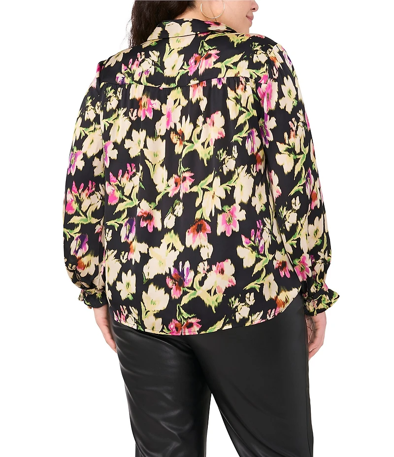 Vince Camuto Plus Size Satin Floral Print V-Neck Long Sleeve Button Front Blouse