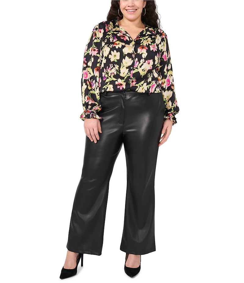 Vince Camuto Plus Size Satin Floral Print V-Neck Long Sleeve Button Front Blouse