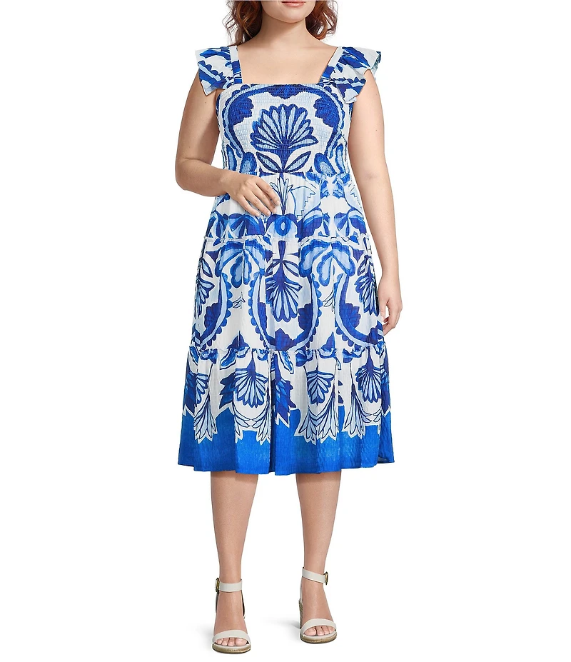 Vince Camuto Plus Size Smocked Square Neck Sleeveless Printed Fit And Flare Midi Dress