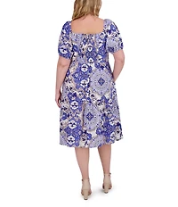 Vince Camuto Plus Size Square Neck Short Puff Sleeve A-Line Midi Dress