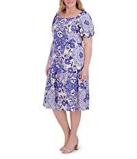 Vince Camuto Plus Size Square Neck Short Puff Sleeve A-Line Midi Dress
