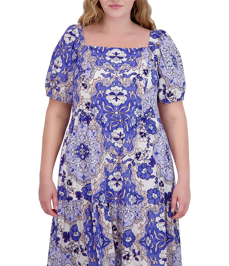Vince Camuto Plus Size Square Neck Short Puff Sleeve A-Line Midi Dress