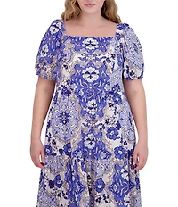 Vince Camuto Plus Size Square Neck Short Puff Sleeve A-Line Midi Dress